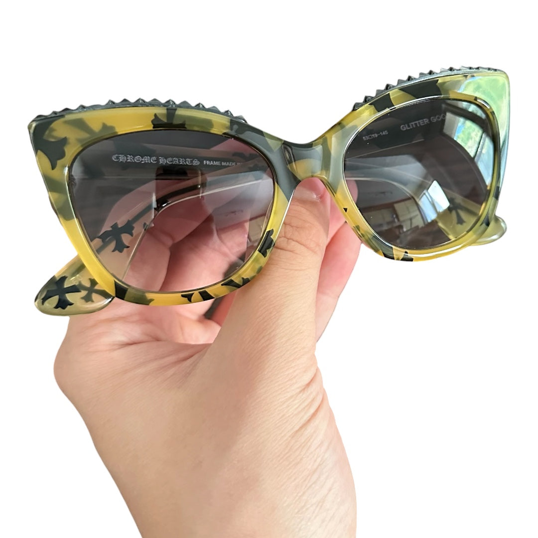 CHROME HEARTS GLITTER GOO I Beige Cross Pattern Sunglasses